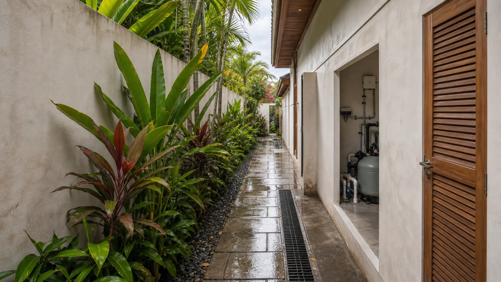 Pererenan villa side access showing maintenance cost drivers