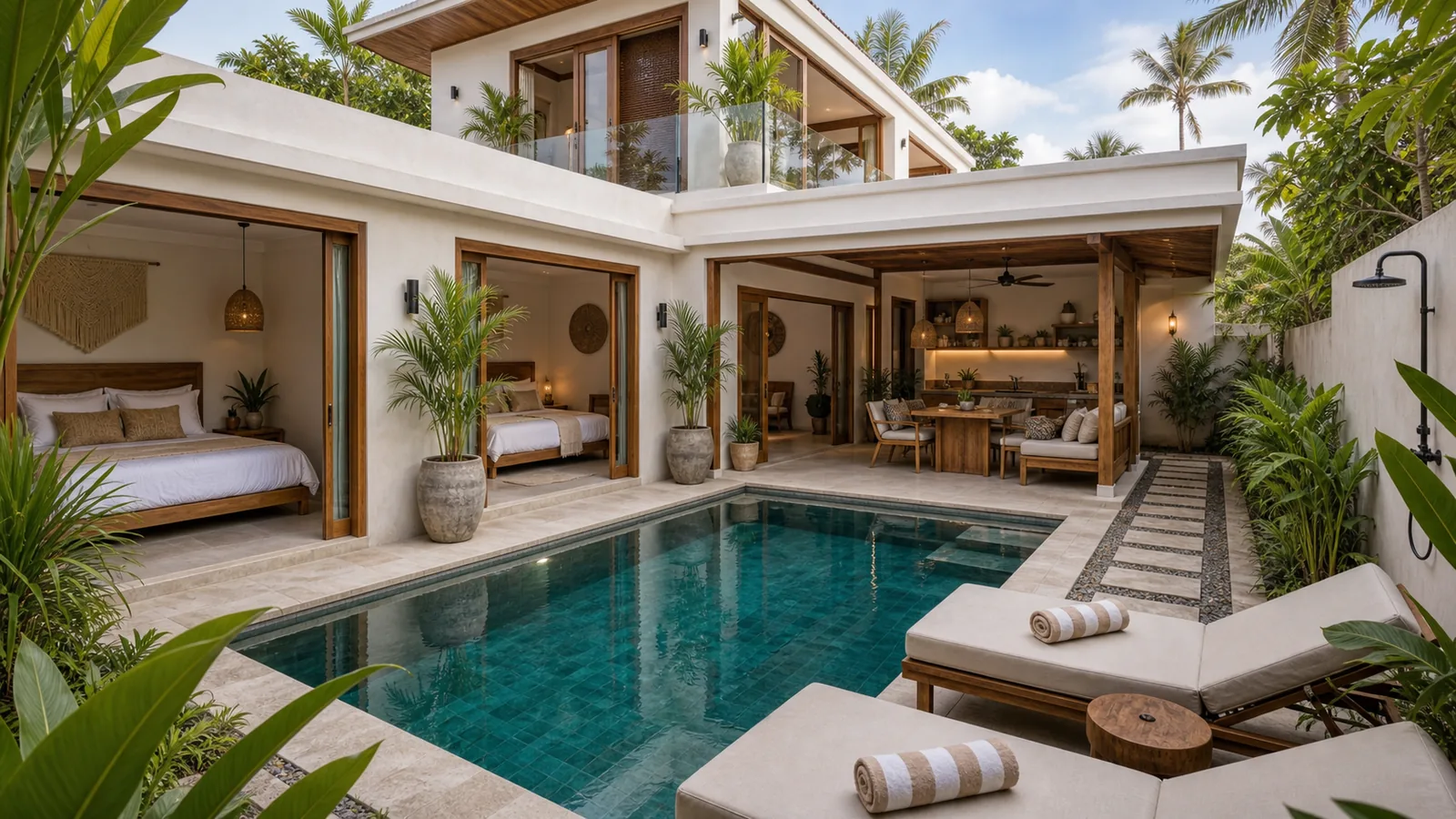 Berawa compact villa layout with bedrooms around a pool
