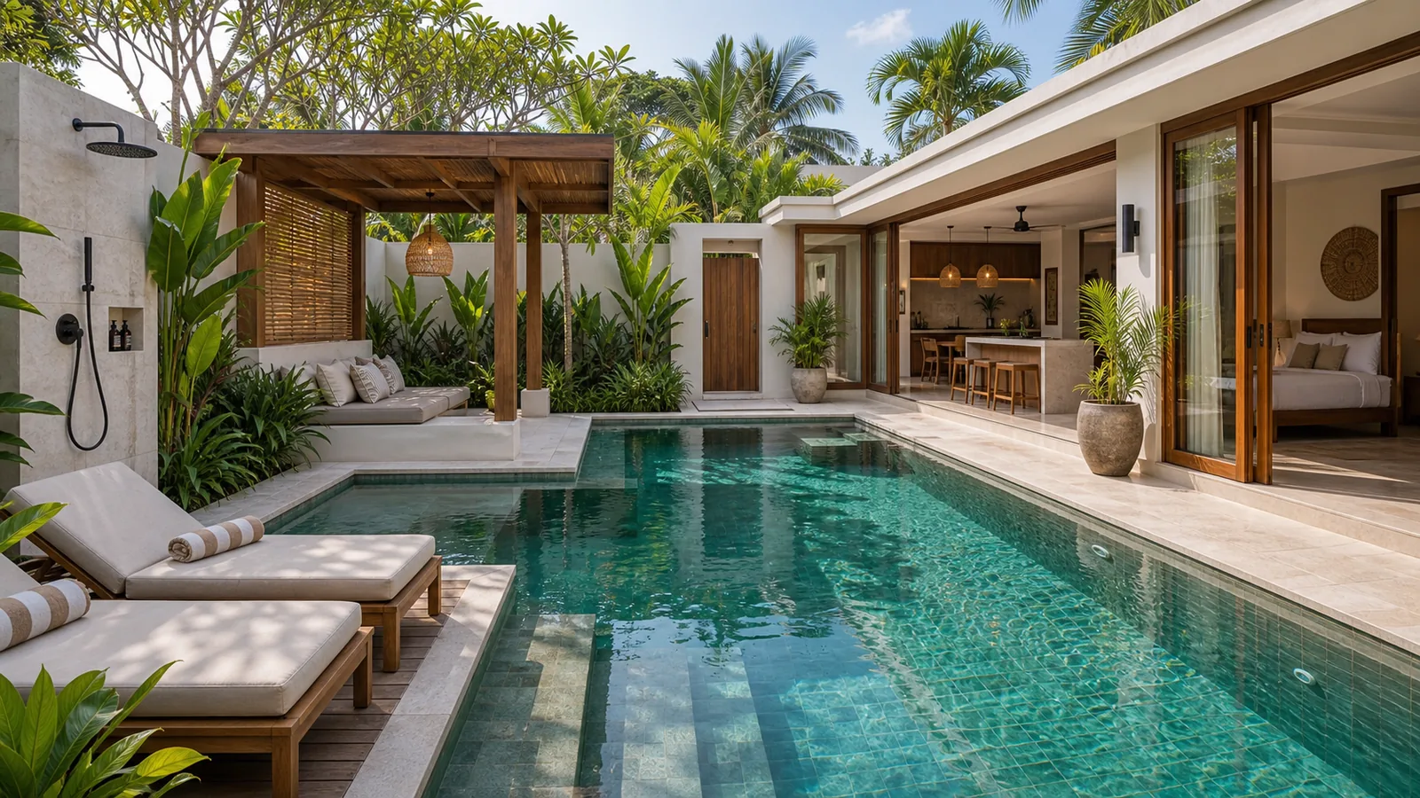 Seminyak villa pool amenity package with lounge and outdoor shower