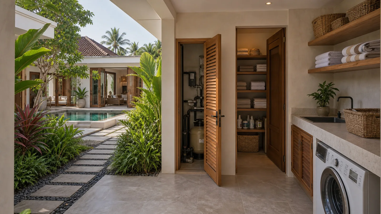 Bali villa service access and storage area beside the guest courtyard