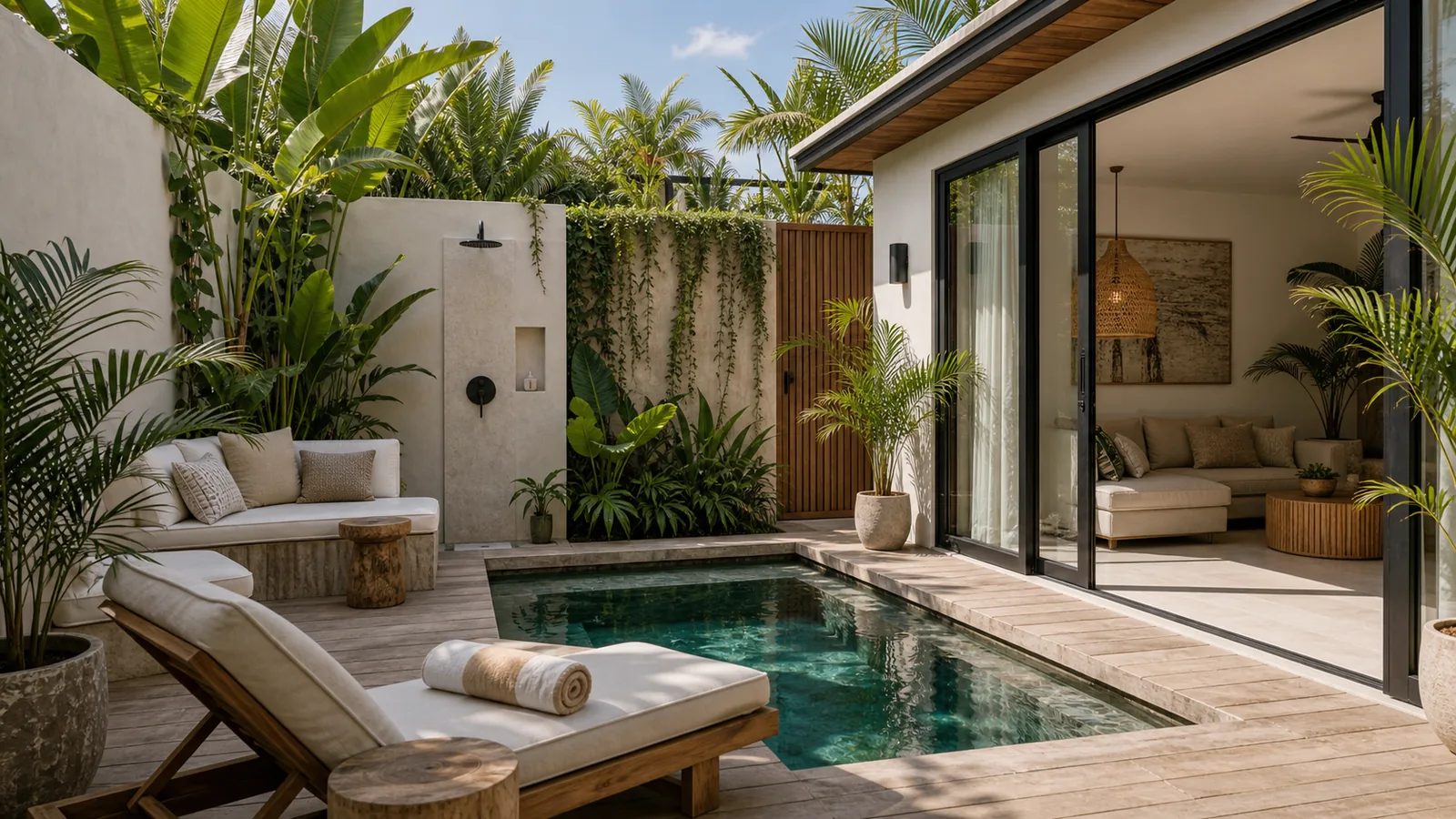 Berawa compact two-bedroom villa pool deck with outdoor shower
