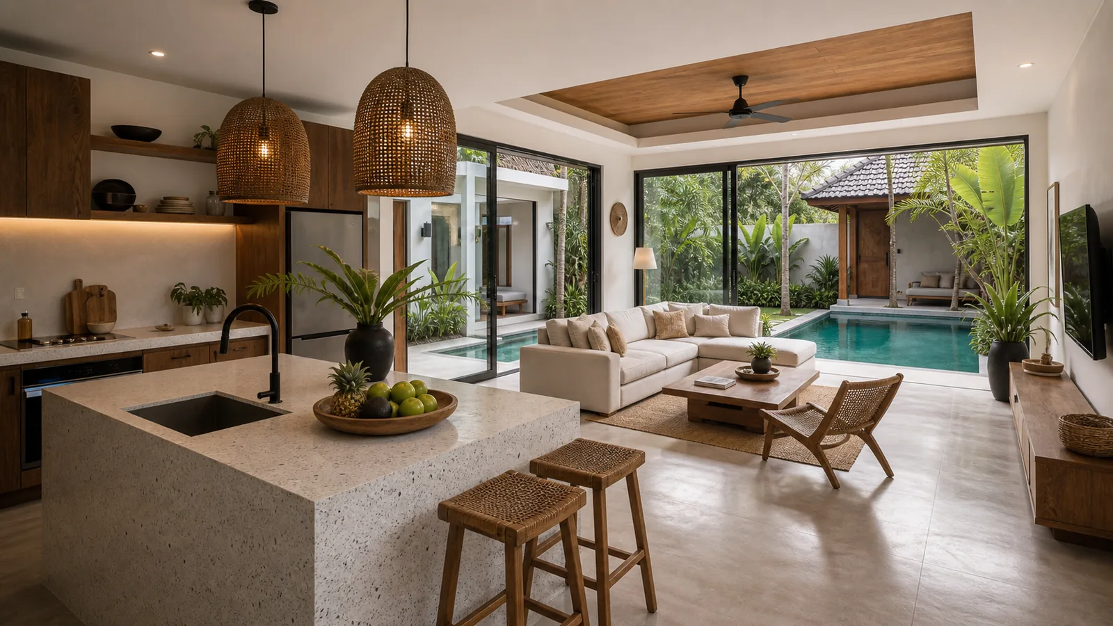 Canggu mid-budget villa kitchen and living pavilion beside courtyard pool