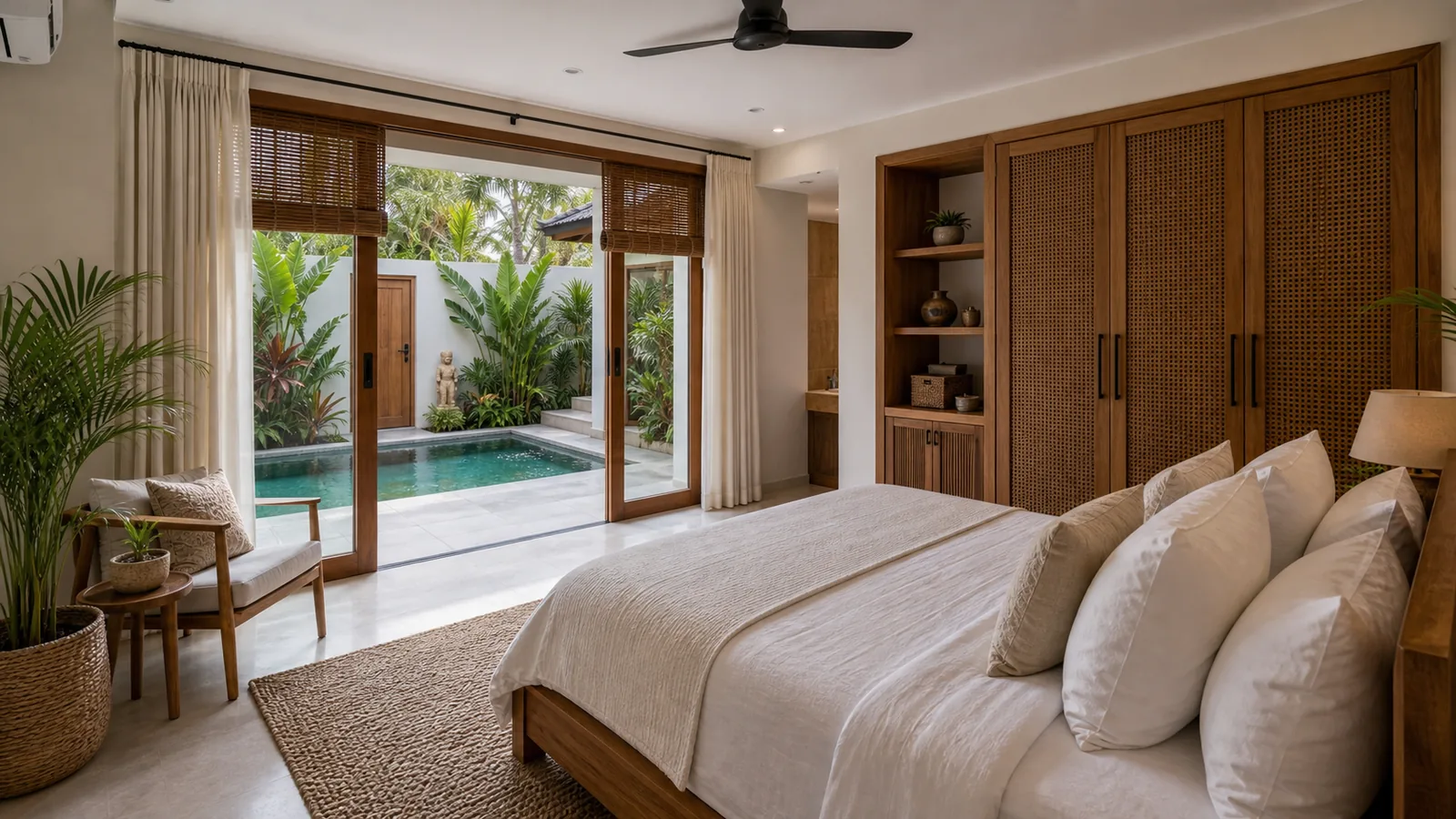 Sanur family villa primary bedroom opening to courtyard pool