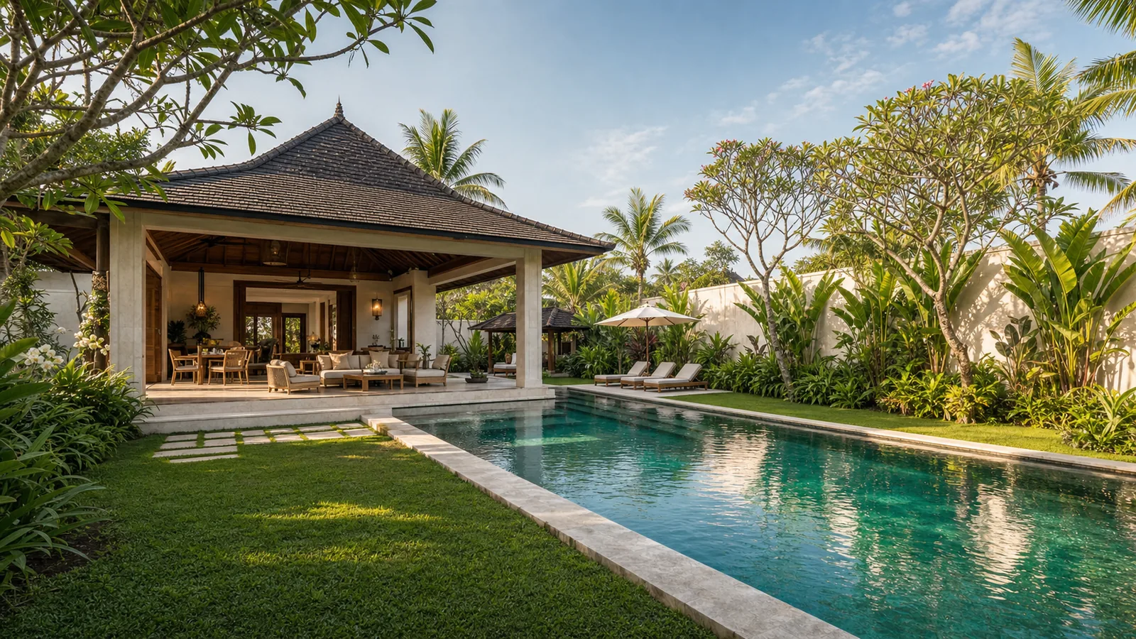 Nusa Dua luxury estate villa pool pavilion with long lap pool