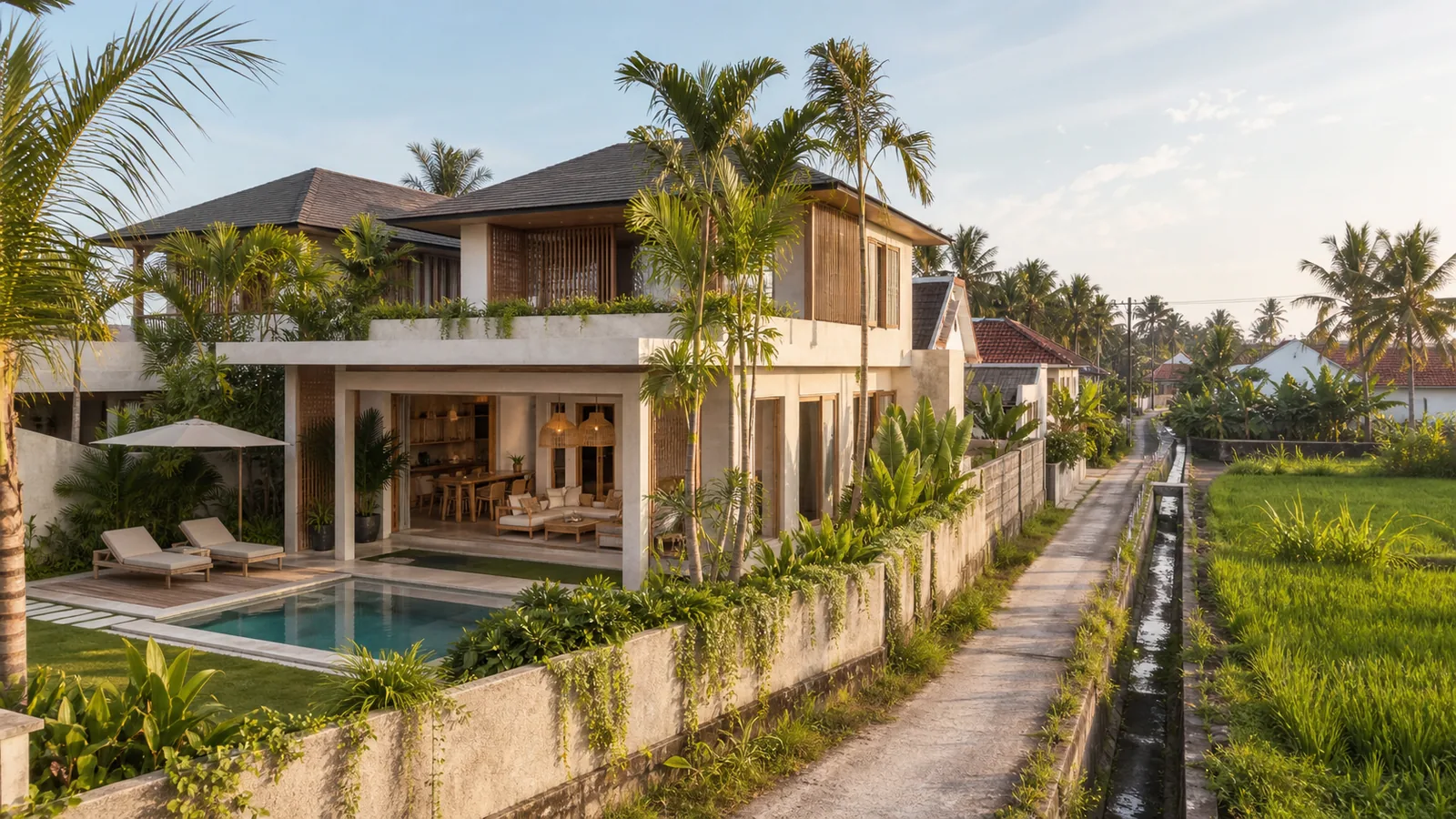 Tabanan and Canggu edge villa beside a rice-field access lane
