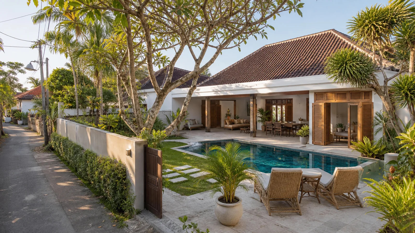 Sanur residential villa courtyard with mature trees and quiet lane