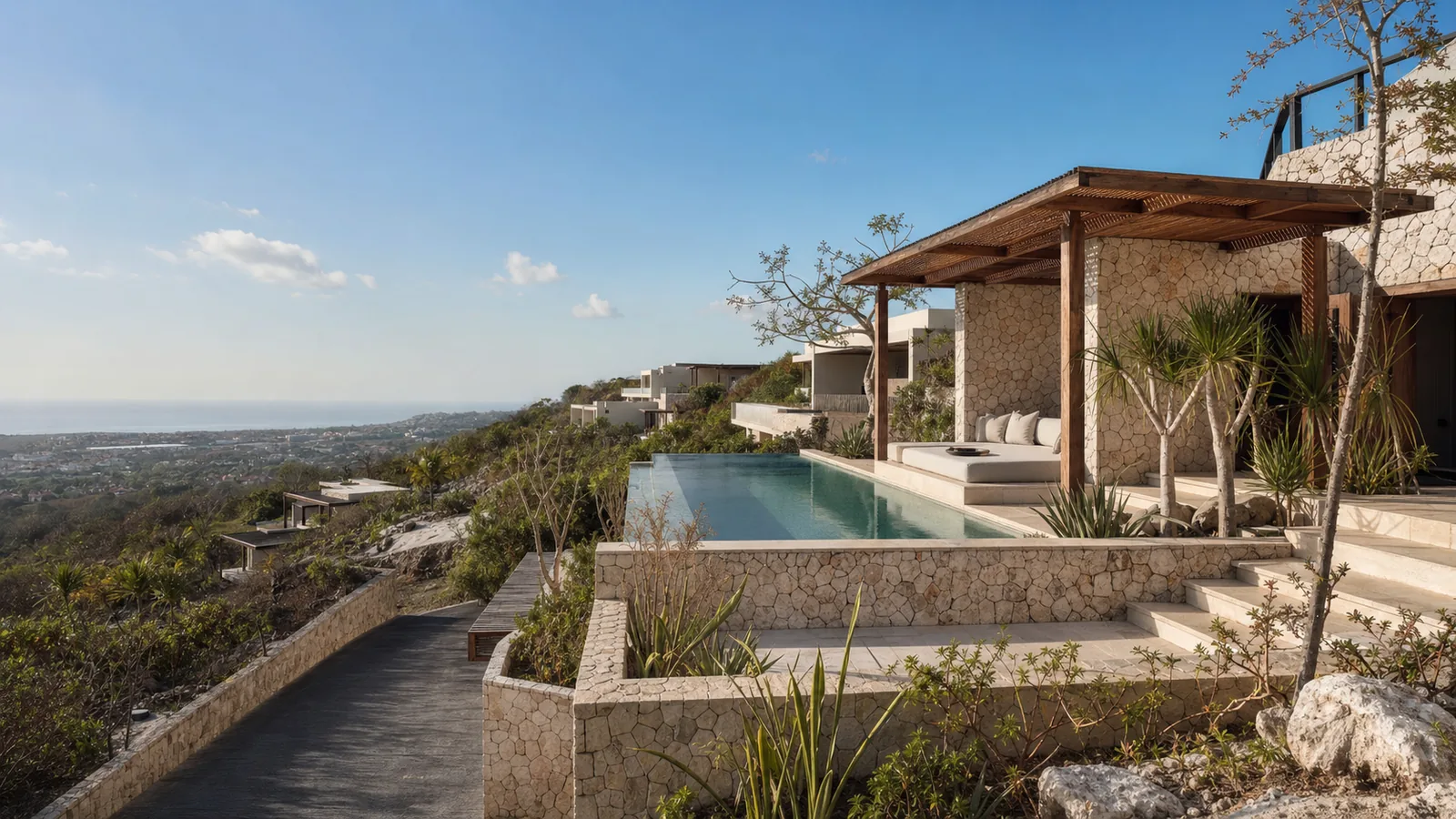 Uluwatu hillside villa terrace showing stepped terrain