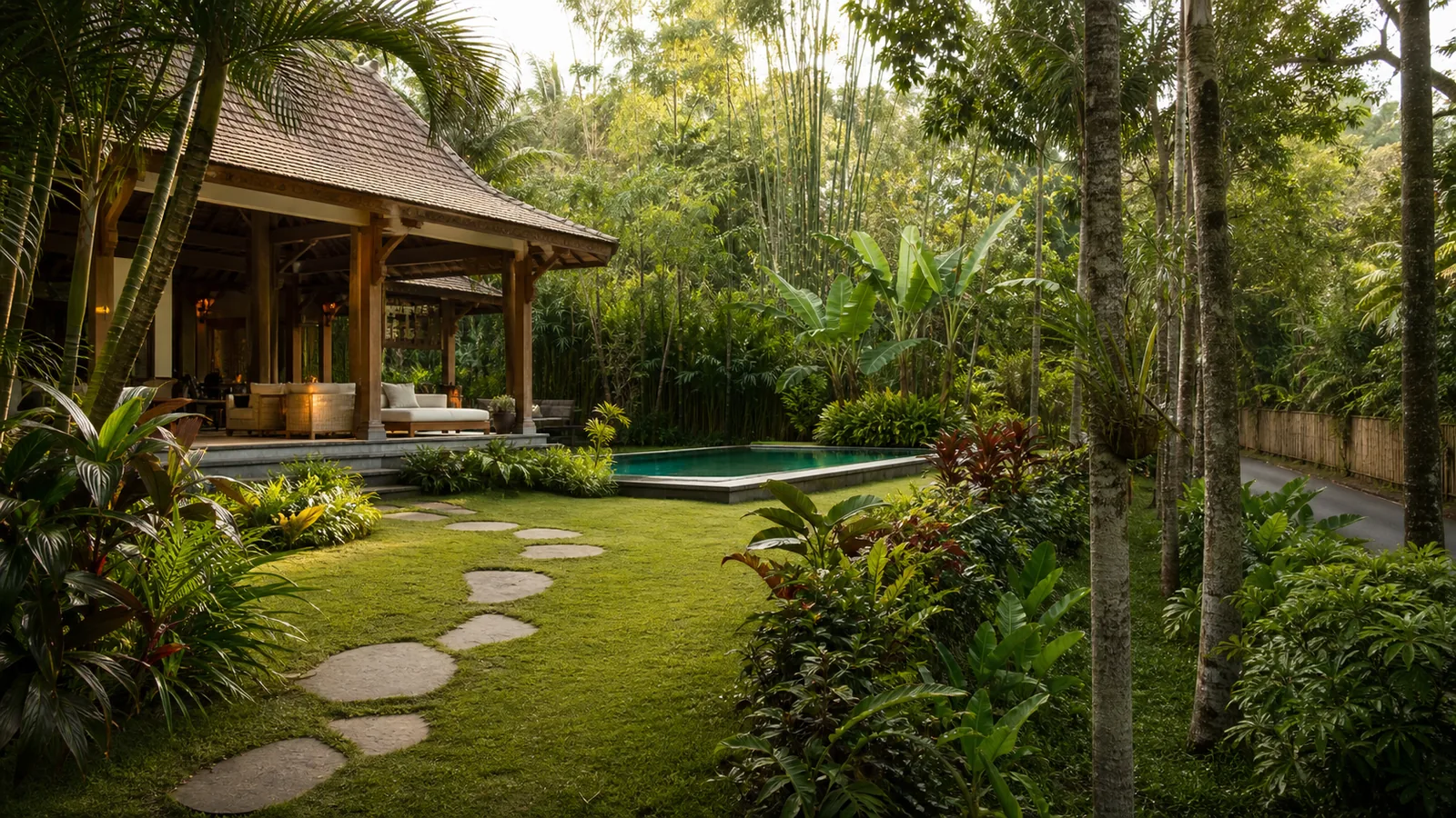 Ubud jungle villa pavilion with generous garden setback