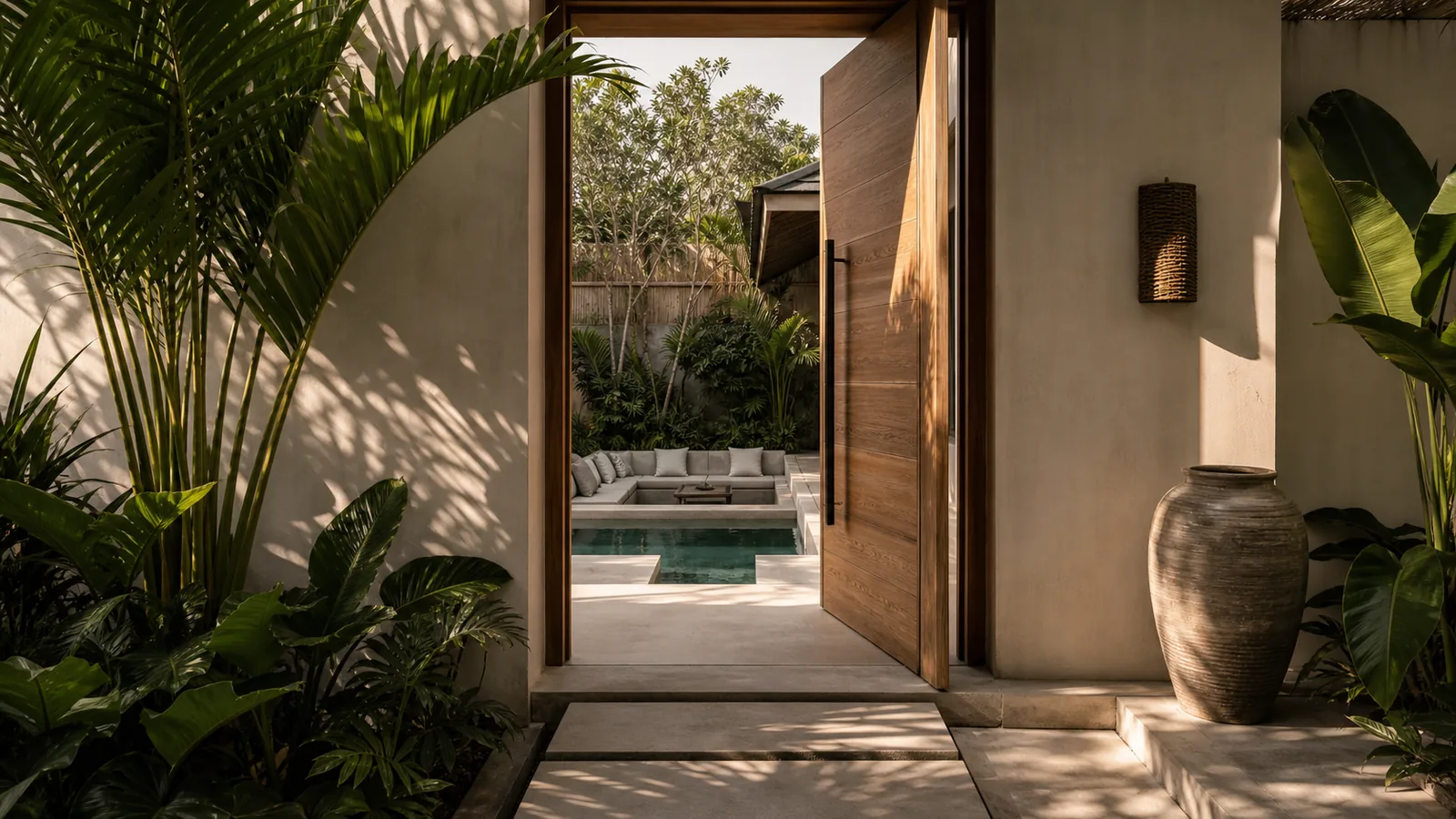 Canggu Bali villa hero: exterior arrival threshold with teak pivot door, limewashed walls, and a glimpse of private pool beyond