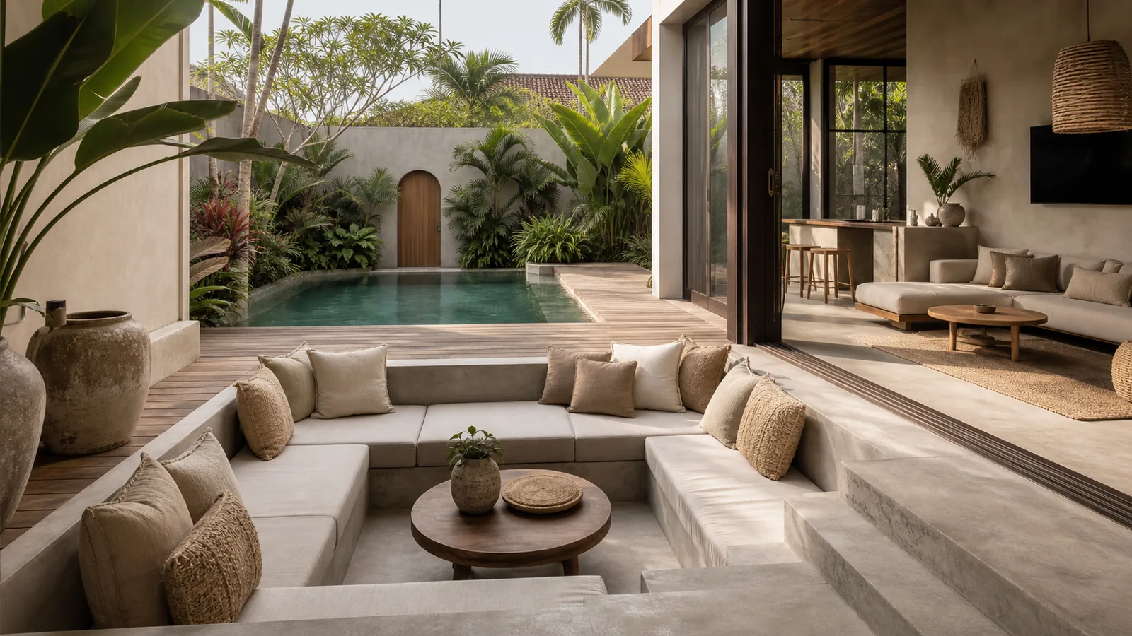 Canggu Bali villa main room: sunken lounge near the pool with textured cushions, teak deck, and quiet garden enclosure