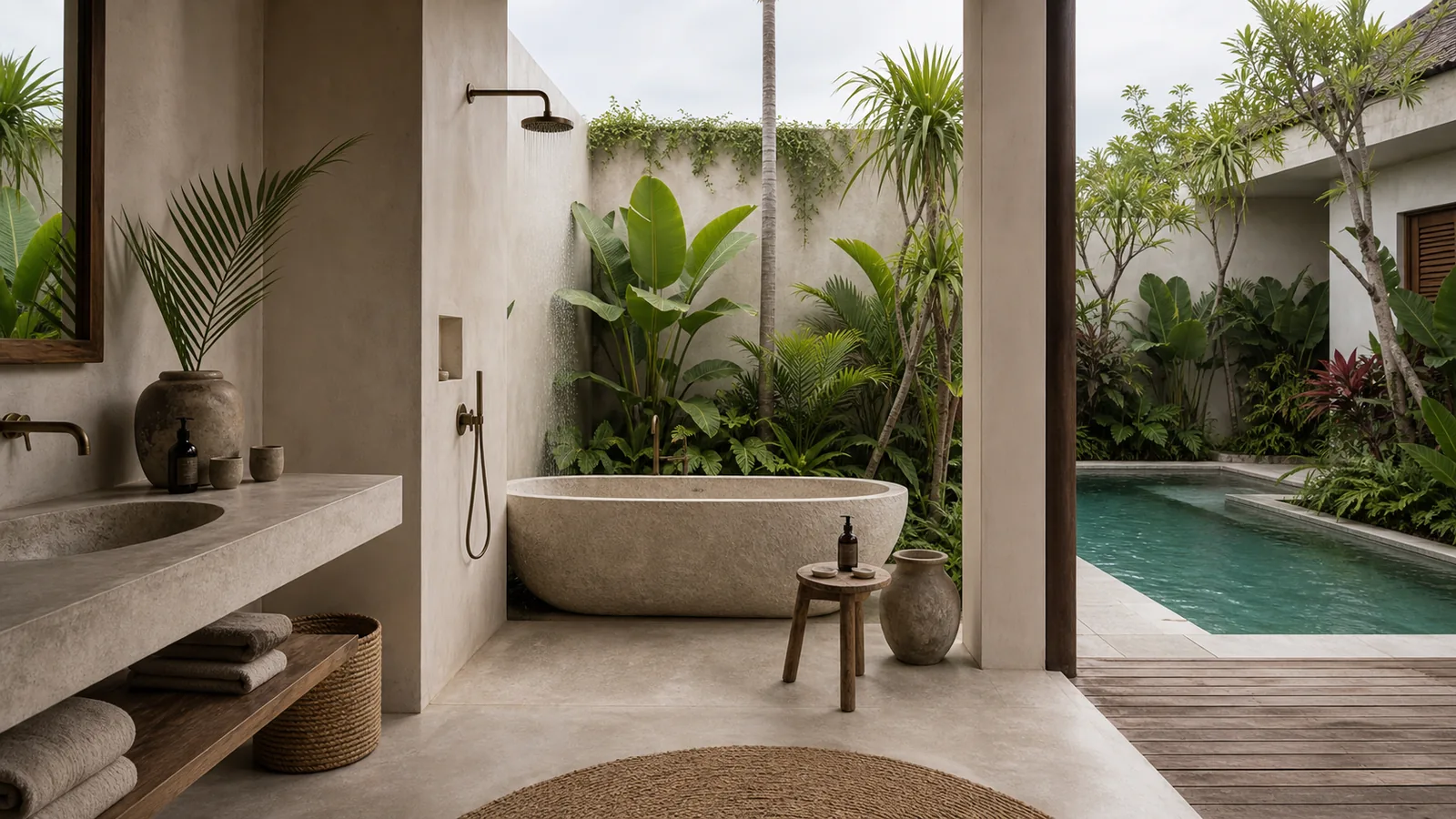 Canggu Bali villa architecture detail: open-air bathroom with stone bathtub, rain shower, limewashed walls, and tropical planting