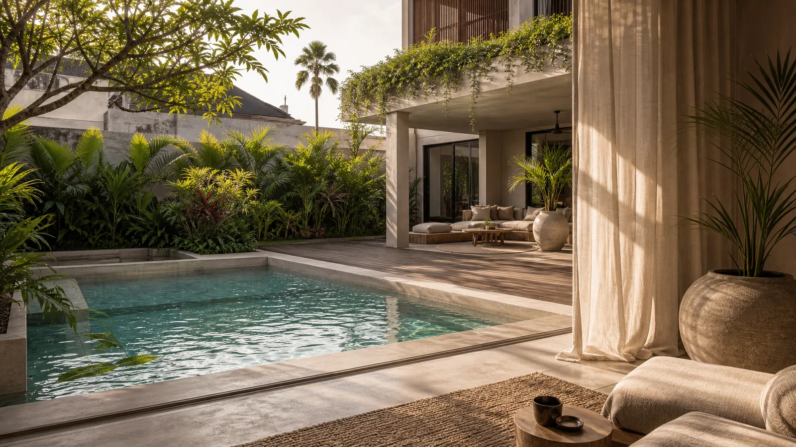 Canggu Bali villa location feel: pool edge composition that expresses the selected Bali location through planting, horizon, or courtyard density