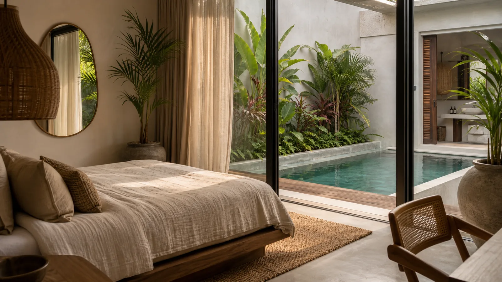 Canggu Bali villa guest experience: primary bedroom with sliding doors open to a private plunge pool and lush courtyard