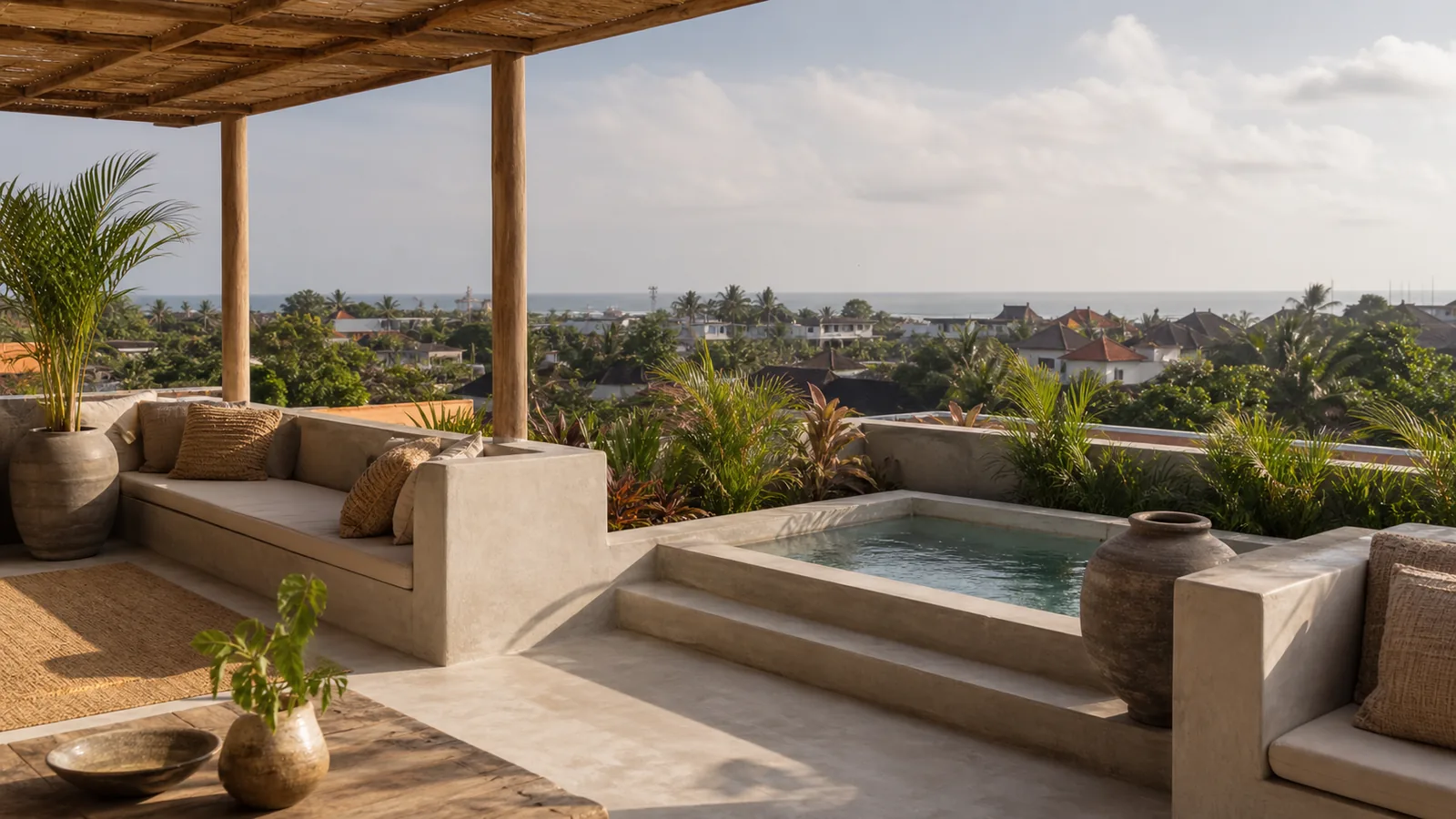 Canggu Bali villa final villa scene: rooftop terrace with built-in seating, textured plaster, tropical planting, and distant location-specific view