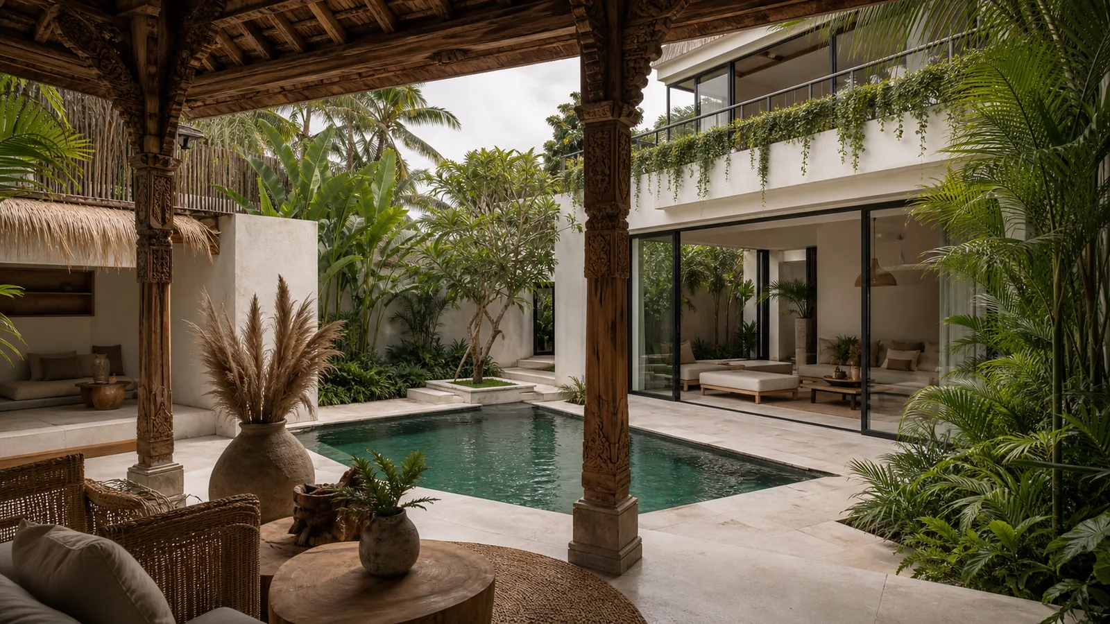 Berawa Bali villa hero: Joglo pavilion entrance with carved teak columns, rattan lounge detail, and tropical planting