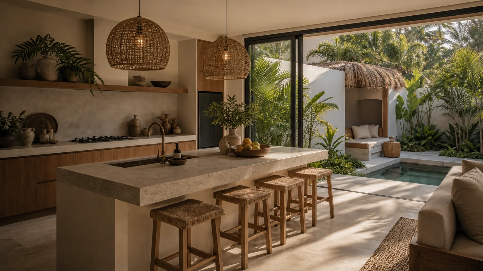 Berawa Bali villa main room: kitchen island with stone countertop, teak stools, rattan pendant lights, and garden view