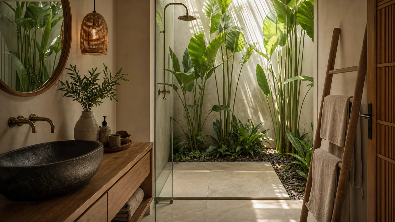 Berawa Bali villa architecture detail: enclosed spa bathroom with black stone basin, teak vanity, linen towels, and soft garden light