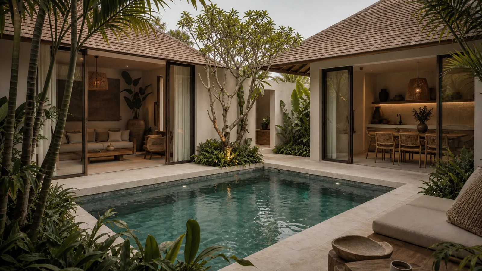 Berawa Bali villa location feel: villa facade and courtyard view tuned to the selected Bali location and architectural style