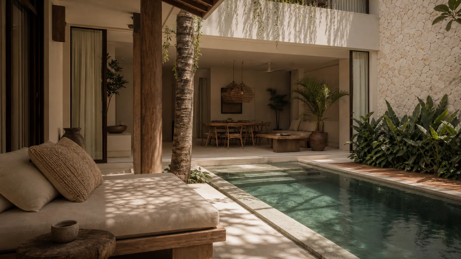 Berawa Bali villa guest experience: poolside daybed and shaded terrace, guest-ready but not staged like a hotel advertisement