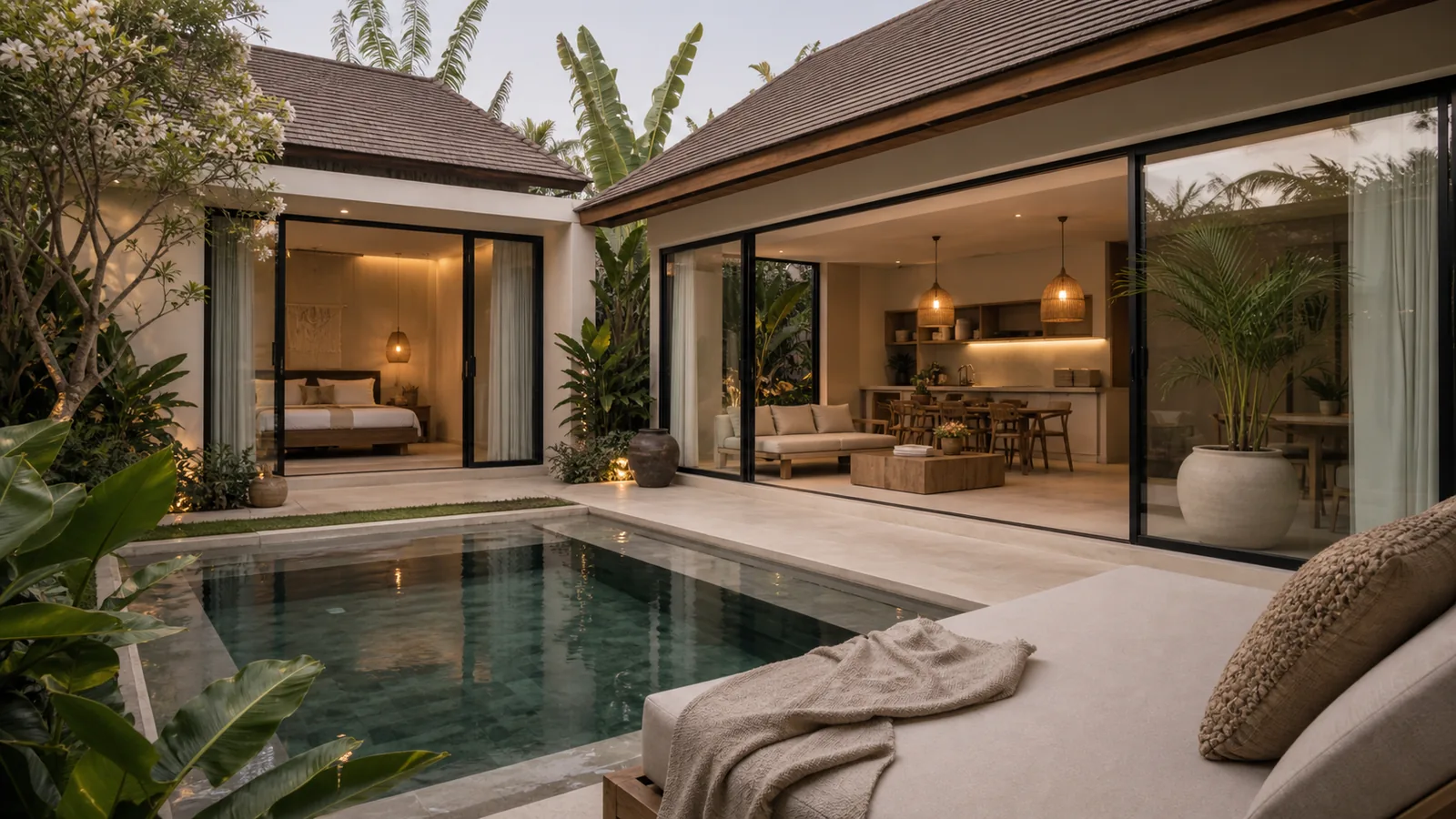 Berawa Bali villa final villa scene: quiet pool courtyard with two pavilions, layered greenery, and warm evening interior glow