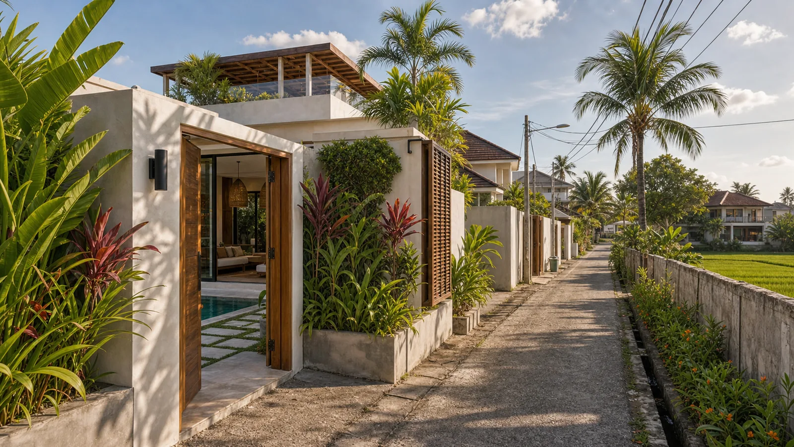 Canggu and Pererenan villa lane with ricefield-edge property context