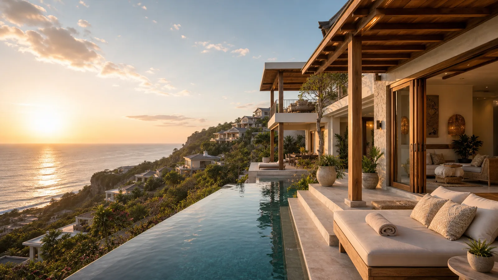 Uluwatu cliffside villa terrace with ocean-view corridor