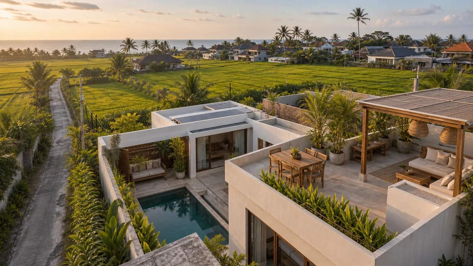 Seseh and Cemagi villa terrace beside ricefields and coastal village context
