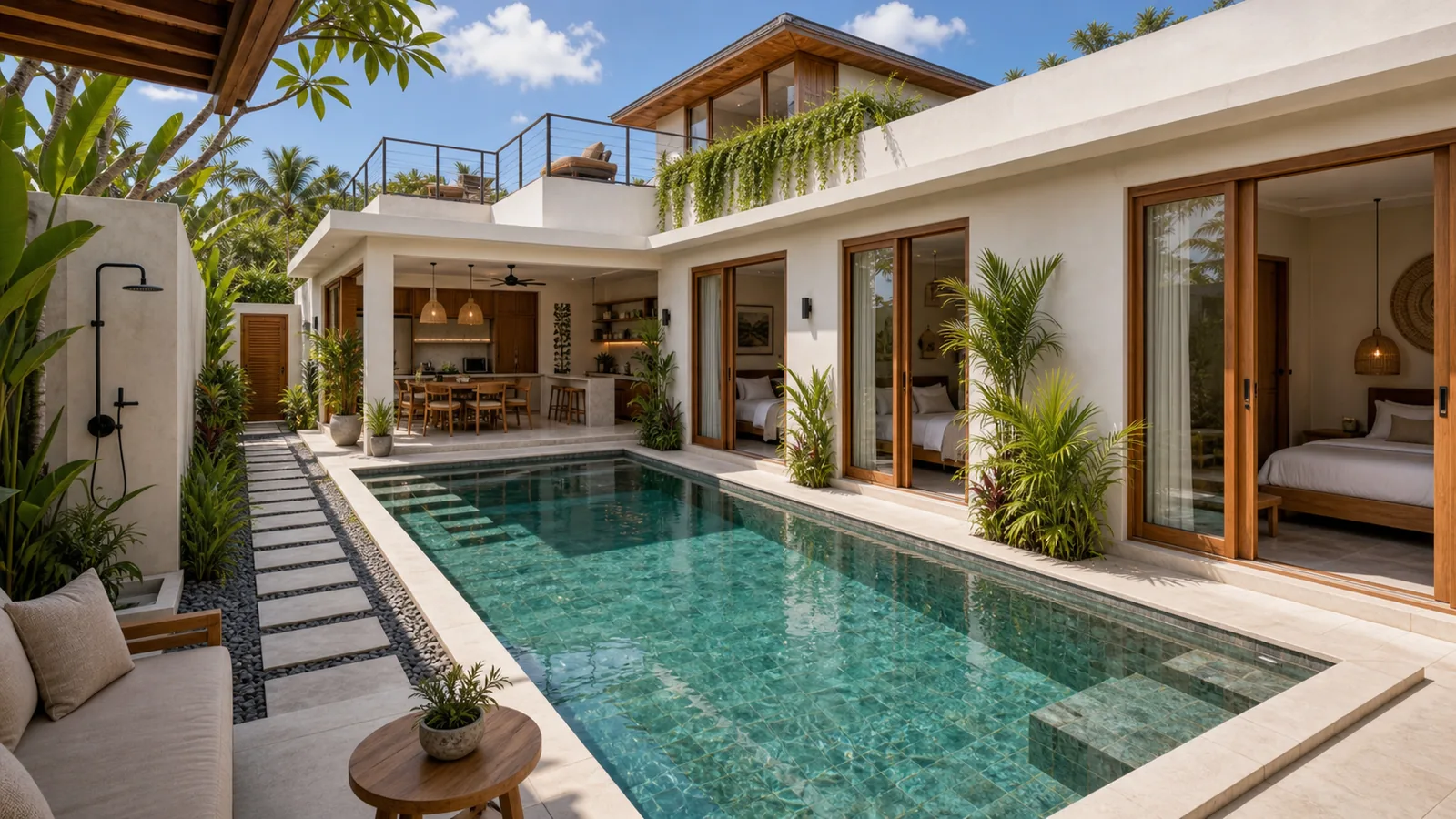 Berawa and Canggu rental villa layout with bedrooms, pool and service access