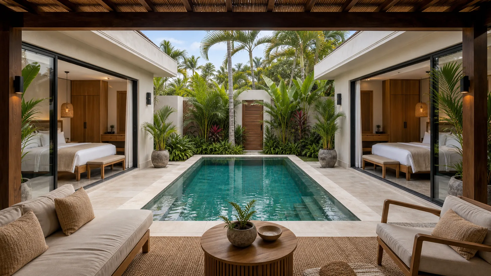 Seminyak villa with equal guest bedroom suites around a pool