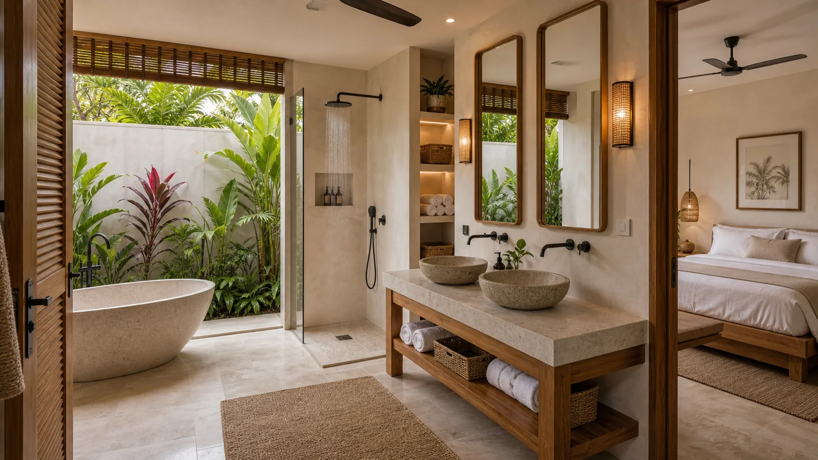 Canggu and Ubud rental villa ensuite bathroom with ventilation and drainage