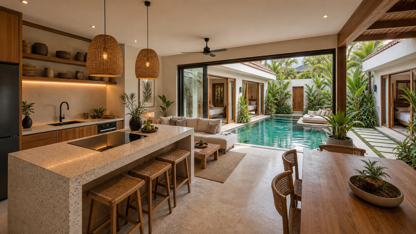 Seminyak villa kitchen and living pavilion flowing to the pool