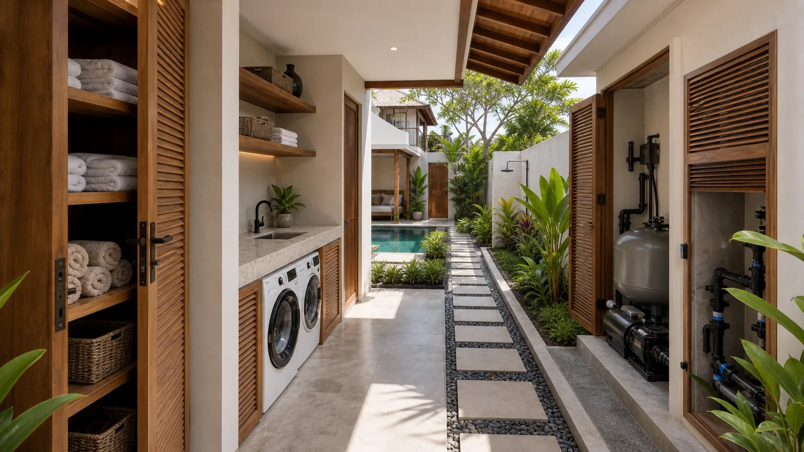 Bali rental villa service corridor for housekeeping and pool access