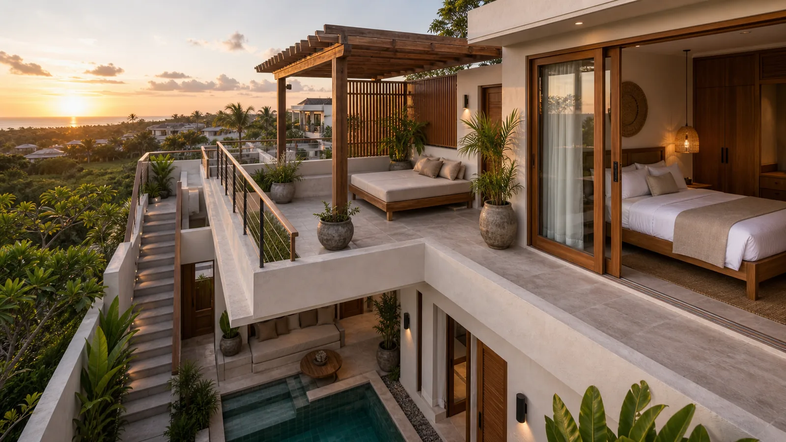 Uluwatu and Pererenan upper-floor suite with rooftop terrace and pool below