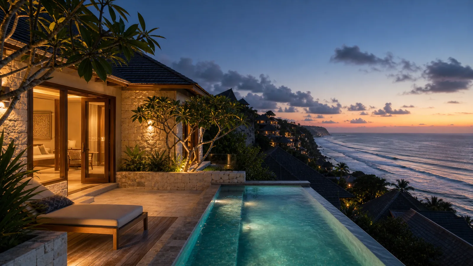 Bingin cliffside villa final evening villa scene for Bingin Villas for Sale