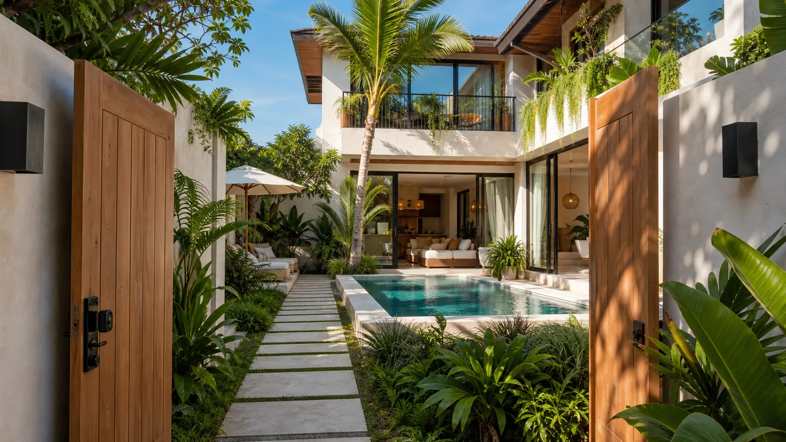 Canggu modern tropical villa entry courtyard with private pool