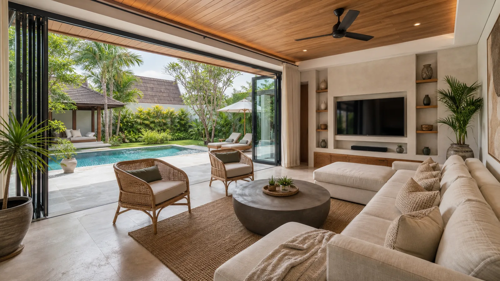 Nusa Dua family villa enclosed living room opening to pool terrace