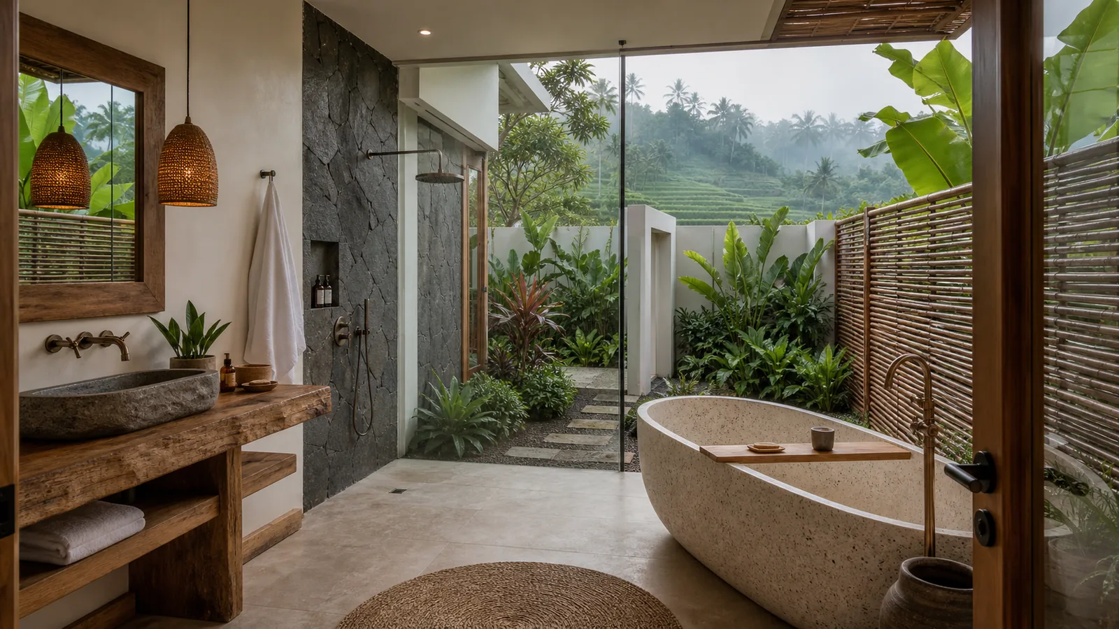 Sidemen hillside villa semi-open bathroom with rice terrace greenery