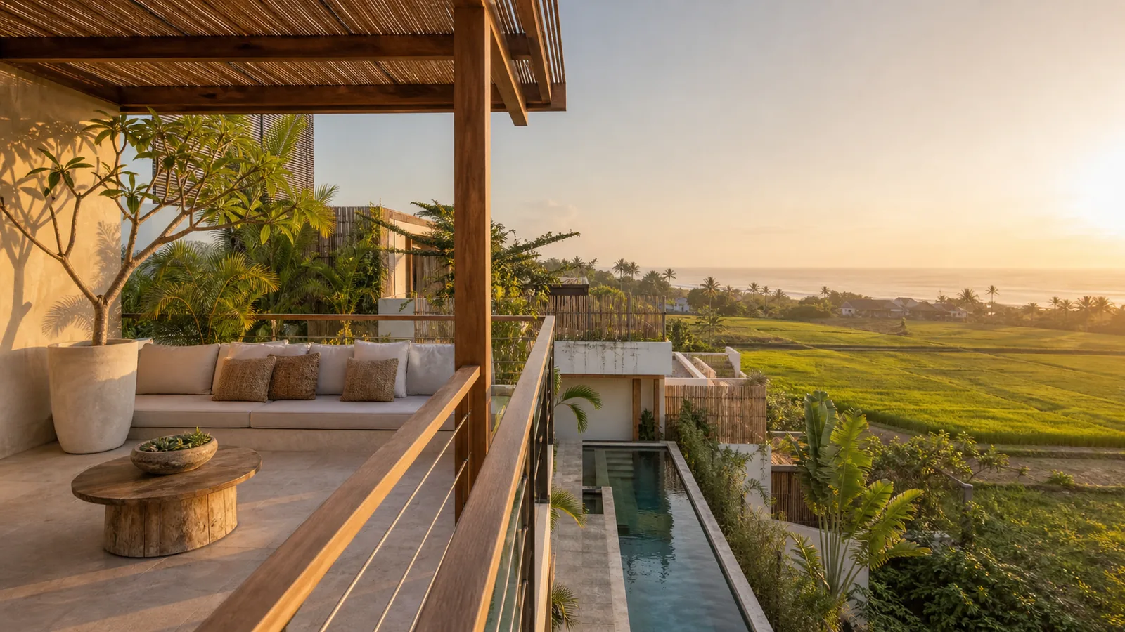 Seseh coastal villa second-floor terrace overlooking lap pool