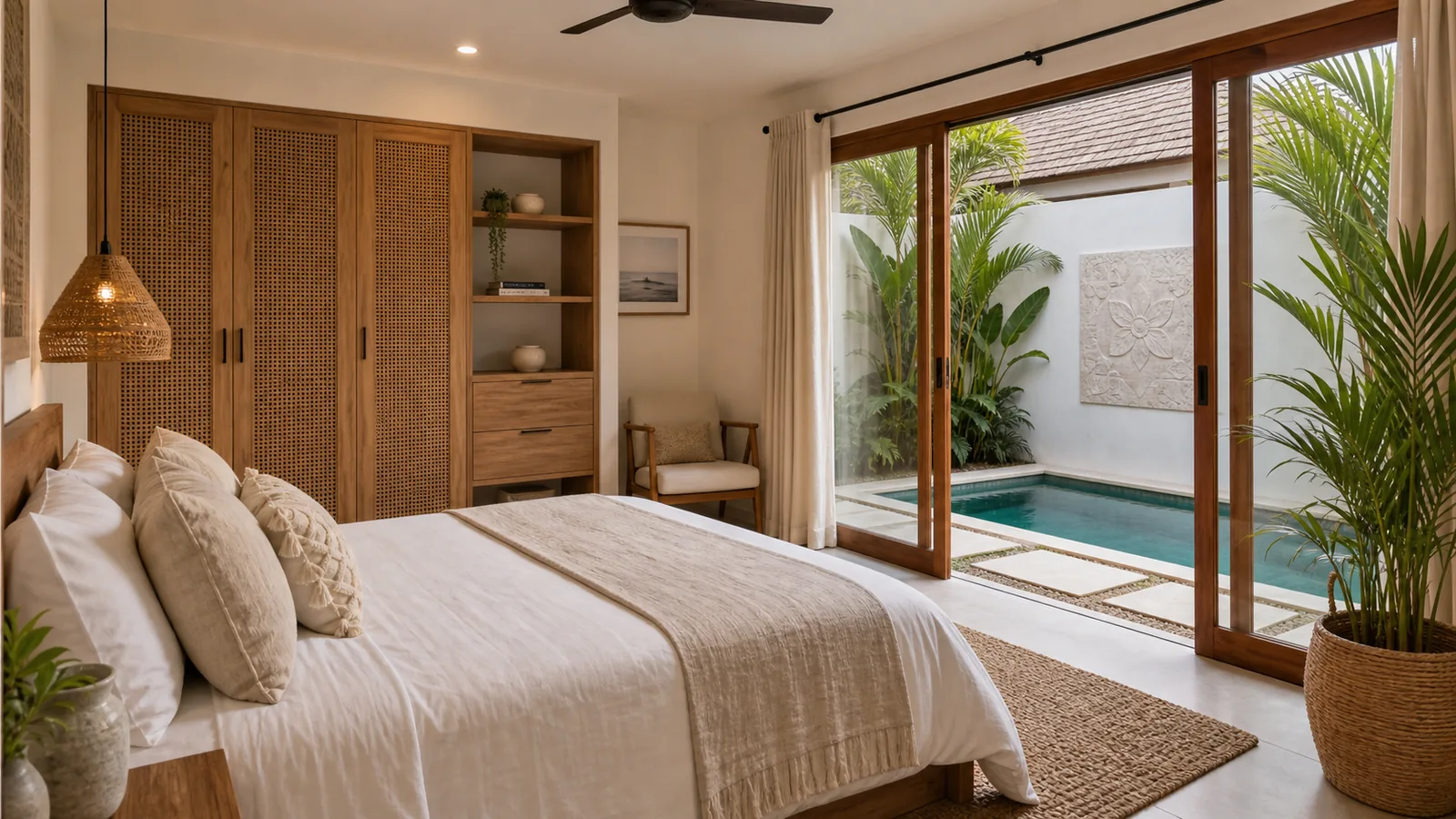 Sanur leasehold villa primary bedroom opening to compact courtyard pool