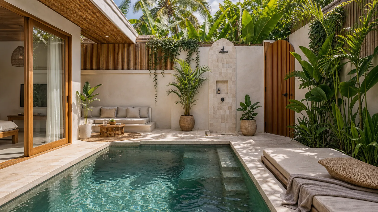 Berawa compact investment villa pool deck with outdoor shower