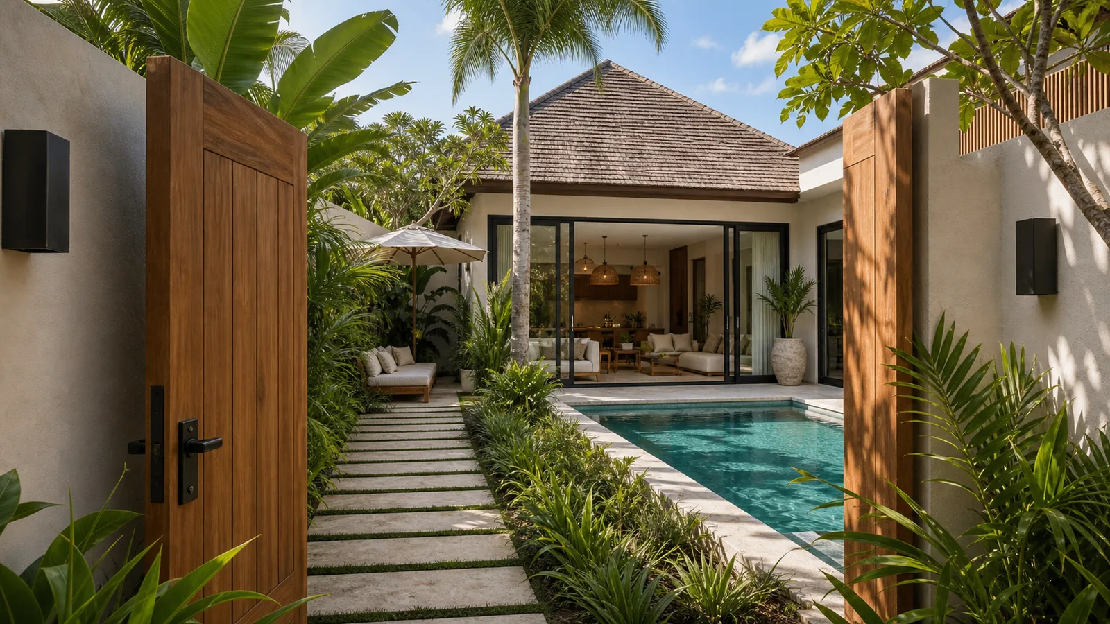 Canggu modern tropical villa entrance courtyard with private pool
