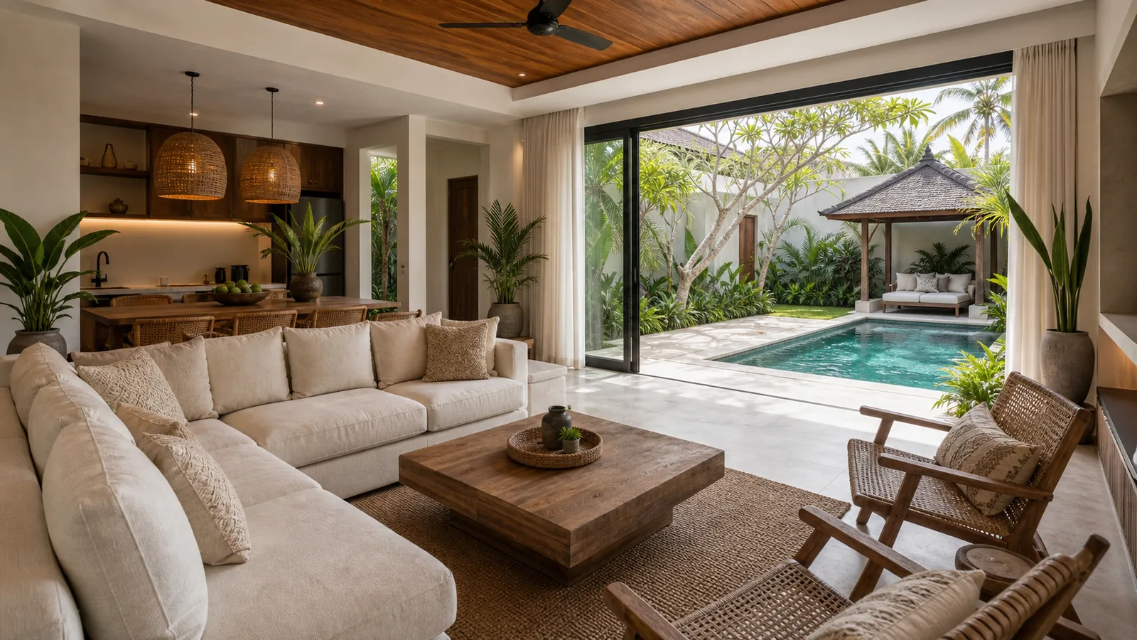 Seminyak renovated villa living room opening to compact pool terrace