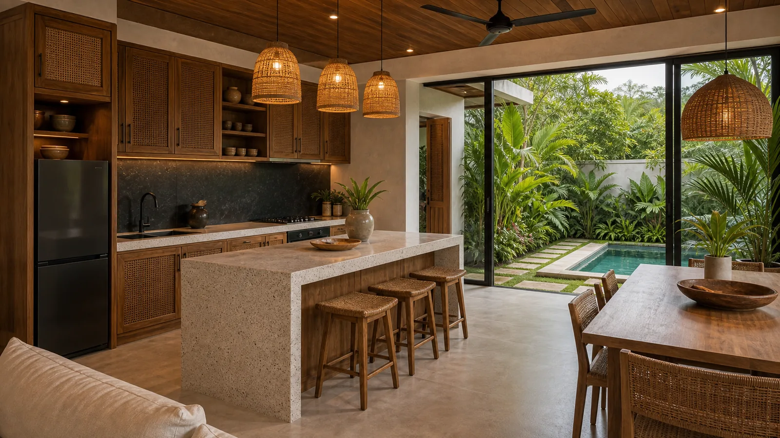 Ubud jungle-edge villa kitchen with garden and plunge pool view