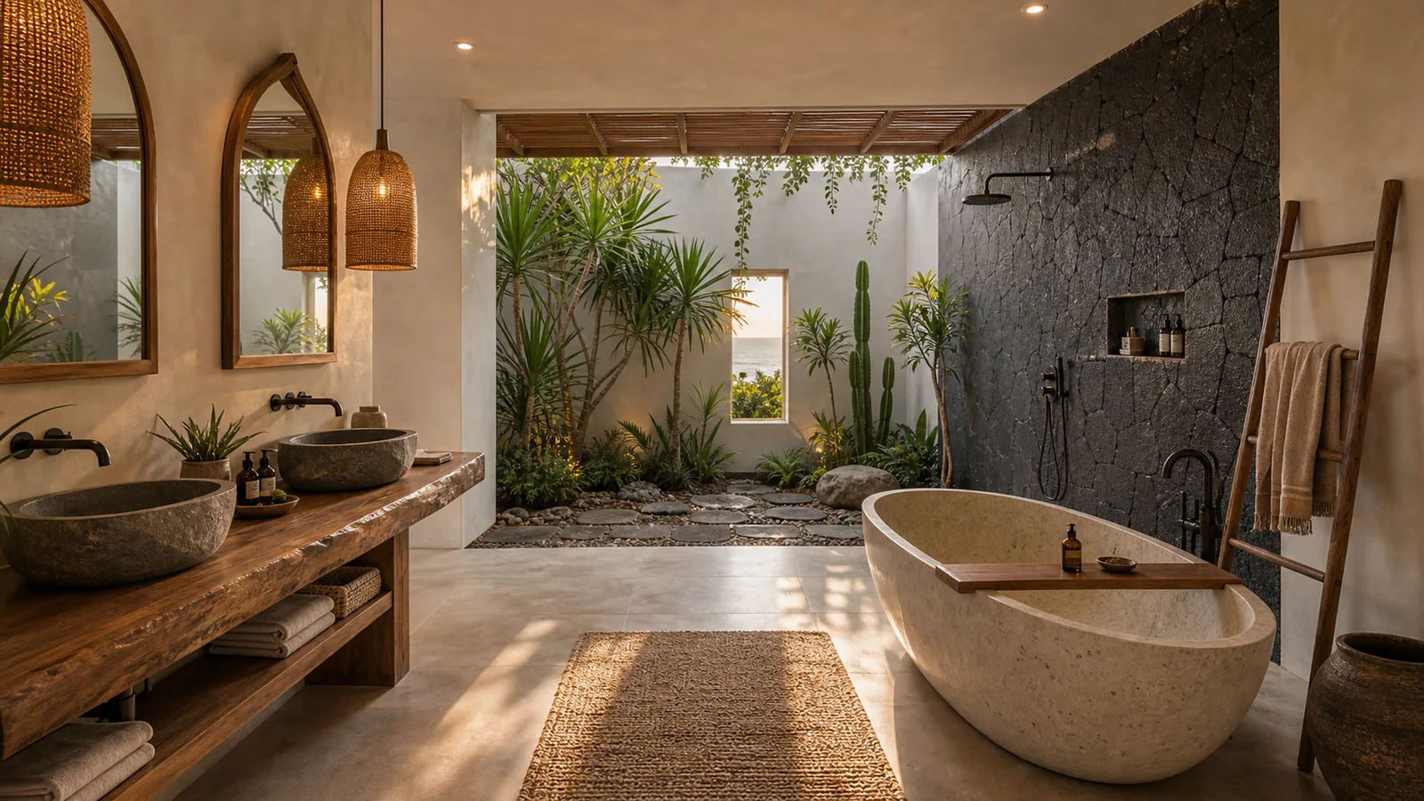 Uluwatu hillside villa semi-open bathroom with stone bathtub