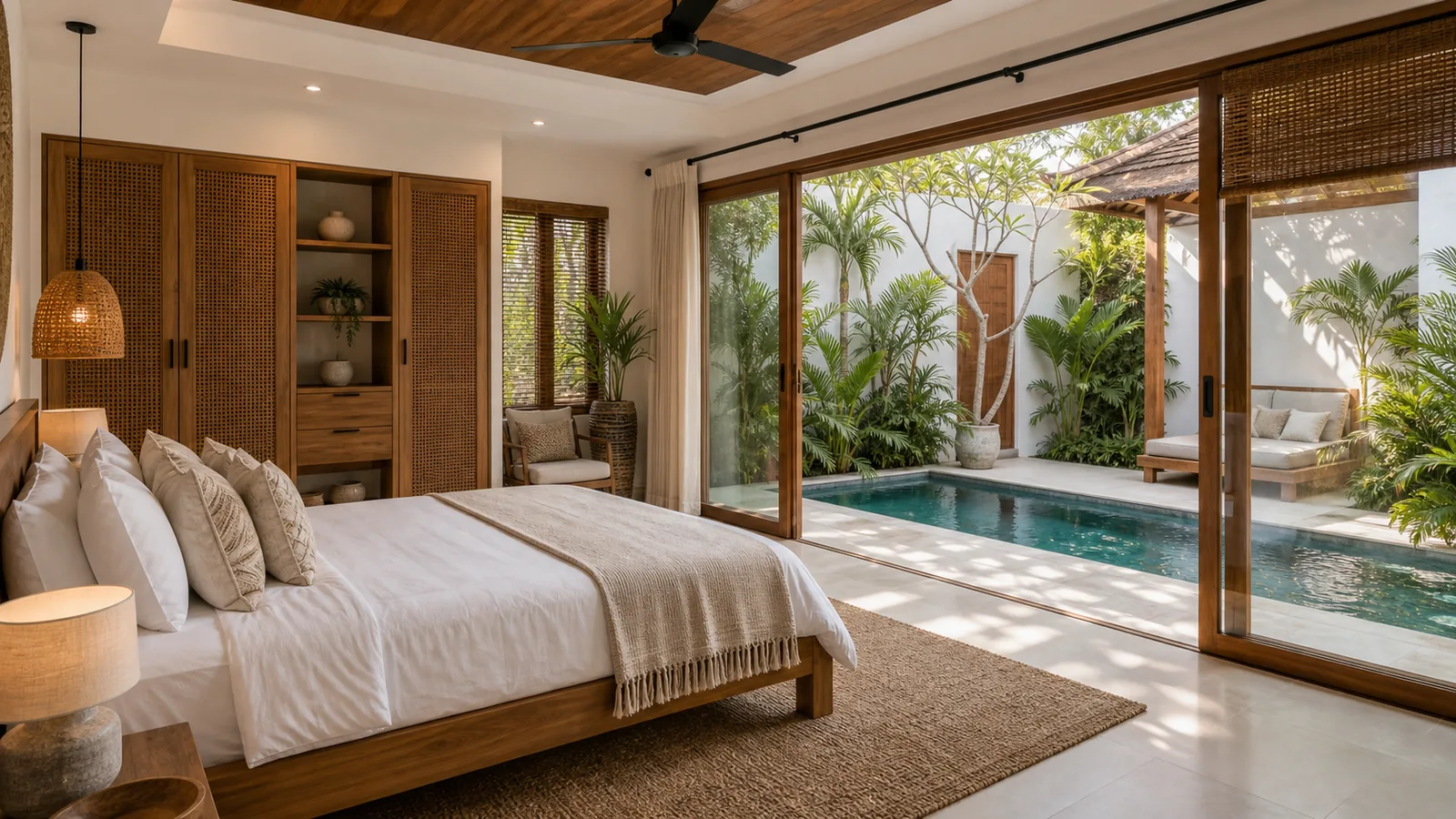 Sanur family villa primary bedroom opening to courtyard pool