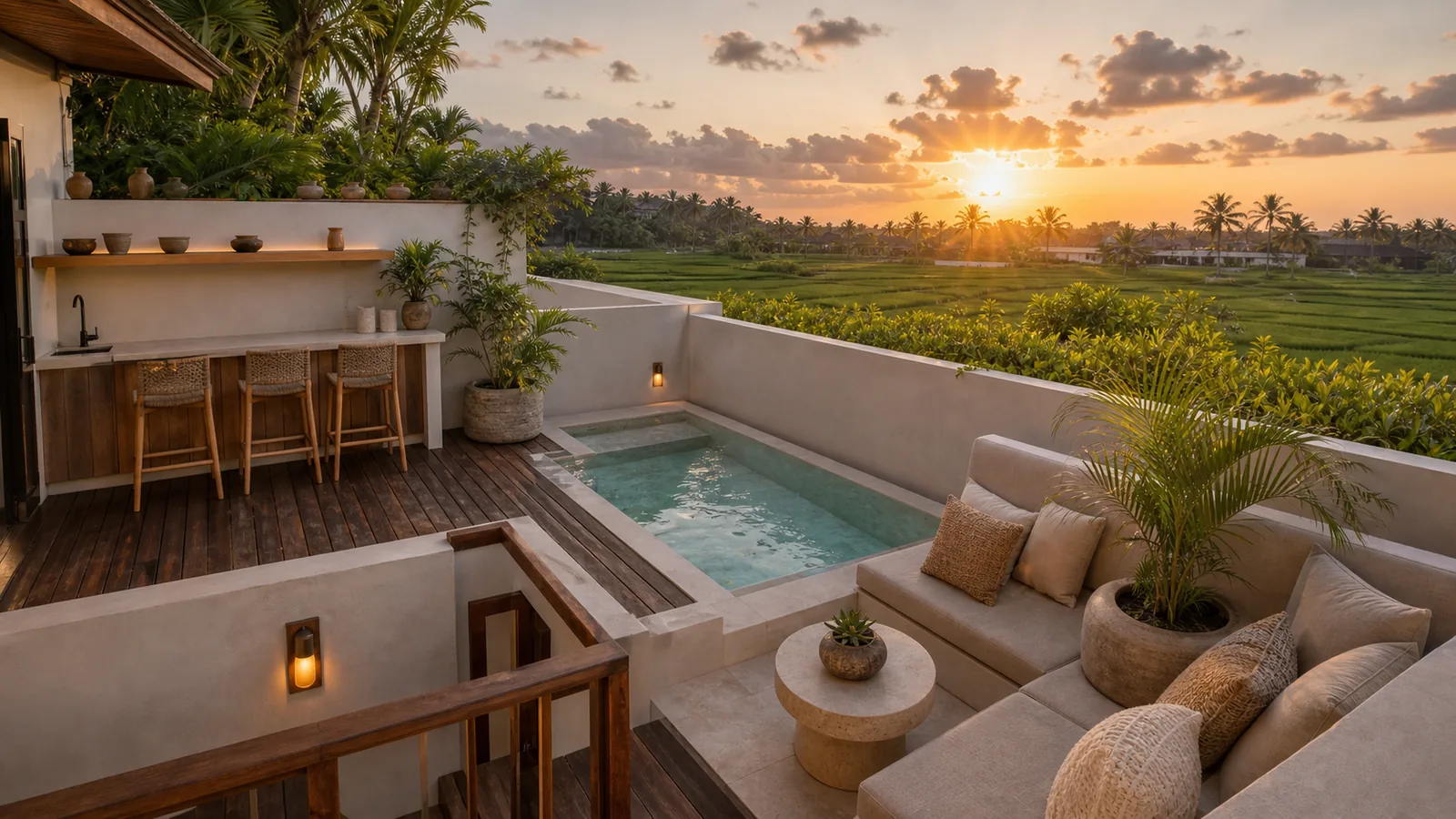 Pererenan villa rooftop terrace with plunge pool and rice-field edge