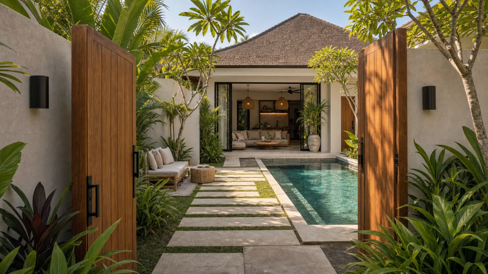 Seminyak renovated villa entrance and pool courtyard