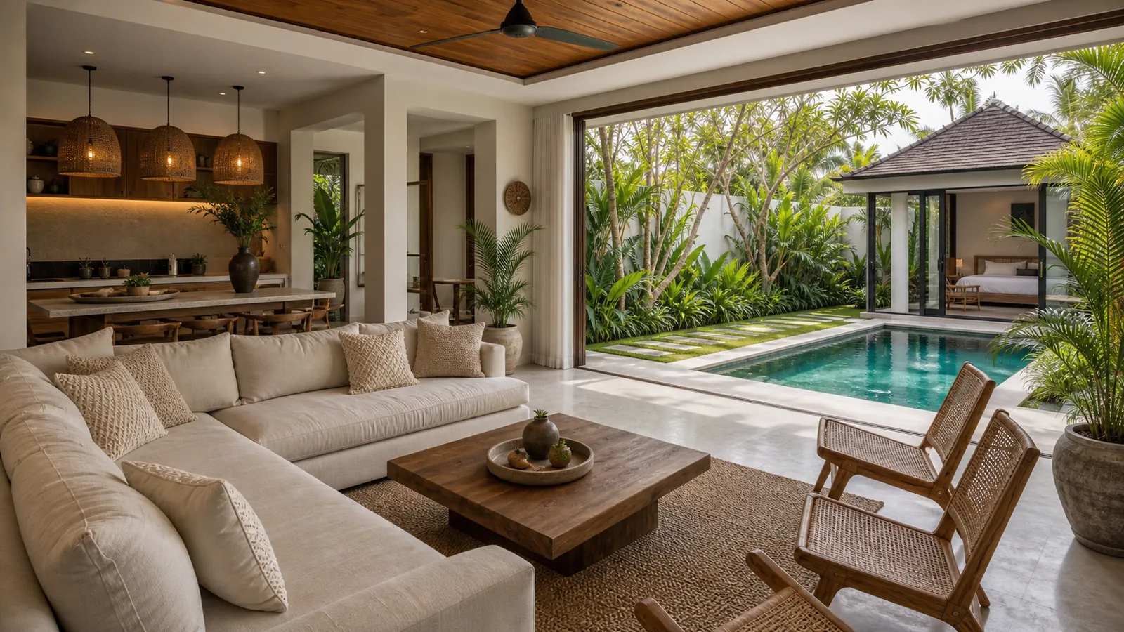 Canggu modern tropical villa living room opening to L-shaped pool courtyard