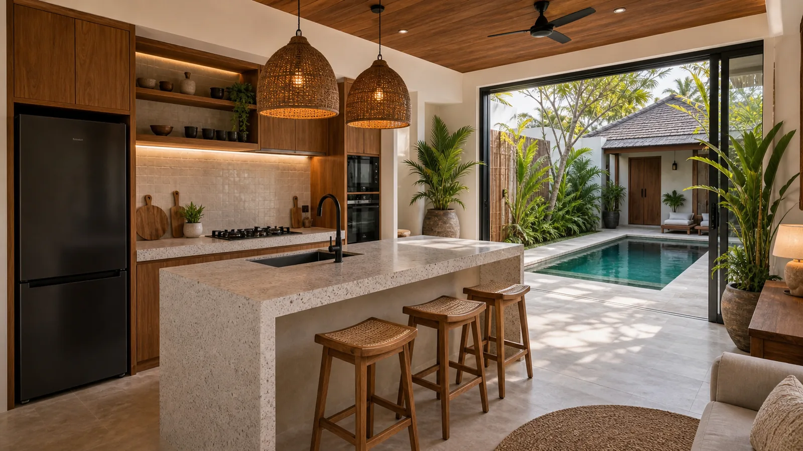 Pererenan villa kitchen and breakfast bar overlooking pool courtyard