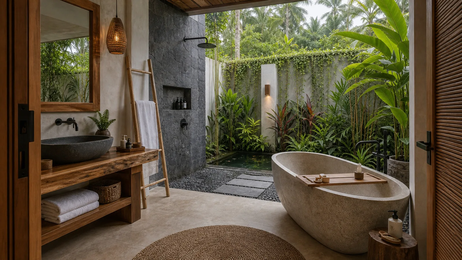 Ubud villa semi-open bathroom with garden and reflection pool